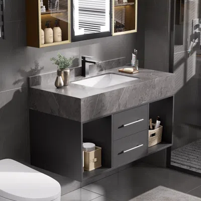 Homary 39.4" Floating Bathroom Vanity Black With Cultured Marble Vessel Sink With 2 Drawers