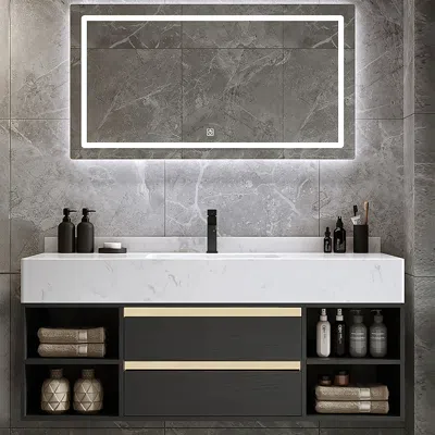 Homary 39.4" Floating Bathroom Vanity Set Cultured Marble Black With Ceramic Sink & 2 Drawers