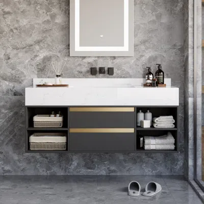 Homary 39.4" Floating Bathroom Vanity Set Cultured Marble Black With Ceramic Sink & 2 Drawers In White