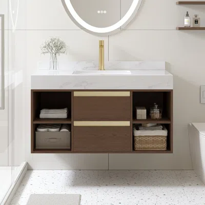 Homary 39.4" Floating Bathroom Vanity Set Cultured Marble Walnut With Ceramic Sink & 2 Drawers In White