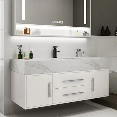 Homary 39.4" Floating Bathroom Vanity Wall Mounted White With Silver Handle Cultured Marble White Bathroom 