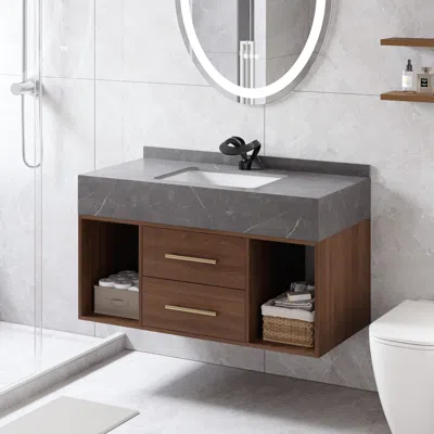 Homary 39.4" Floating Bathroom Vanity Walnut With Cultured Marble Vessel Sink With 2 Drawers In Brown