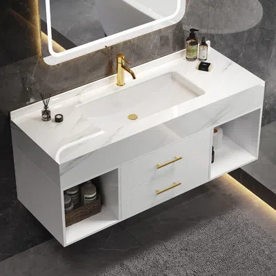 Homary 39.4" Floating Bathroom Vanity White With Cultured Marble Vessel Sink With 2 Drawers