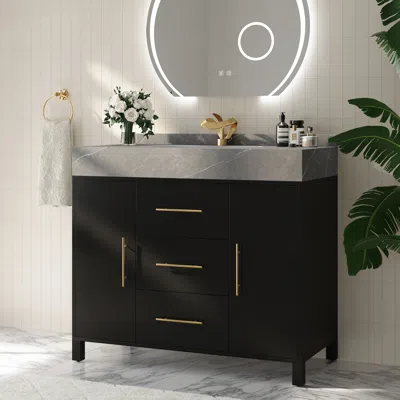 Homary 39.4" Freestanding Black Bathroom Vanity, Sintered Stone Countertop & Gold Handles