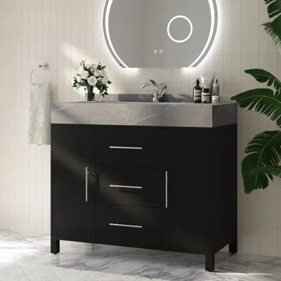 Homary 39.4" Freestanding Black Bathroom Vanity, Sintered Stone Countertop & Silver Handles