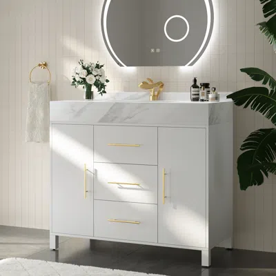 Homary 39.4" Freestanding White Bathroom Vanity, Sintered Stone Countertop & Gold Handles