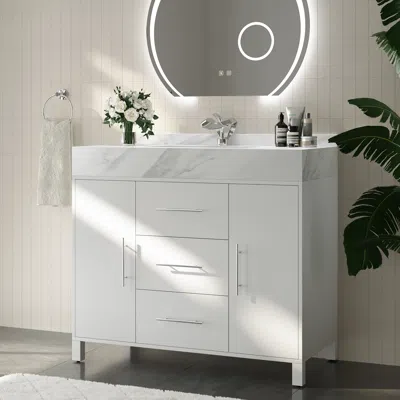 Homary 39.4" Freestanding White Bathroom Vanity, Sintered Stone Countertop & Silver Handles