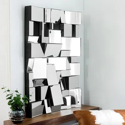 Homary 39.4" Modern Silver Rectangle Glam Irregular Earthquake Wall Mirror Decor Art With Geometric Frame I In White