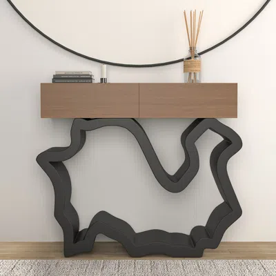 Homary 39.4" Modern Walnut & Black Console Table With Drawers In Gray