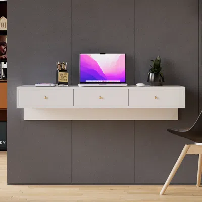 Homary 39.4'' Modern White Floating Desk With Drawers Wall Mounted Desk In Pine Wood Frame