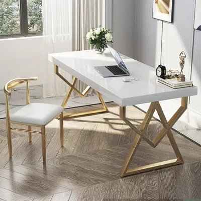 Homary 39.4" Modern White Rectangular Writing Desk With Gold Base