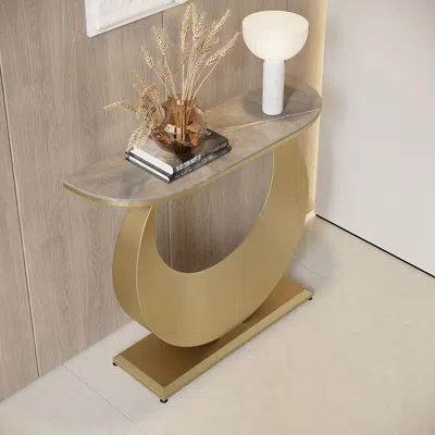 Homary 39.4" Narrow Console Table Gray Sintered Stone Entryway Table With Half-moon Steel Base In Brown