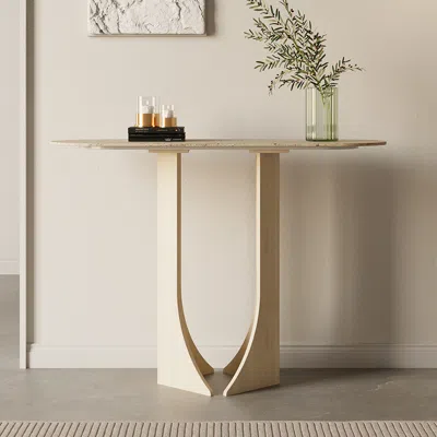 Homary 39.4" Oval Travertine Stone Console Table Modern Entryway Table With Abstract Base In White