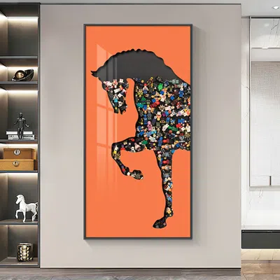 Homary 39.4" Rectangle Horse Building Blocks Wall Art Decor With Aluminum Frame Living Room In Orange