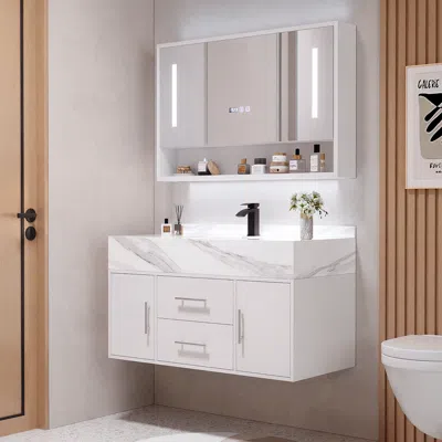 Homary 39.4" White Floating Bathroom Vanity Set With Led Medicine Cabinet