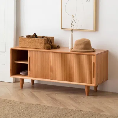 Homary 39.4" Wooden Storage Bench With Storage Sliding Doors Natural Pine Wood In Brown