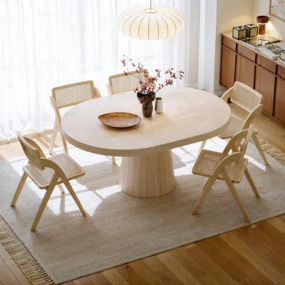 Homary 39"-55" Oval & Round Dining Table Extendable Solid Wood For 6 Japandi Whitewash Kitchen Table In Neutral