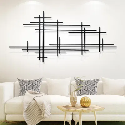 Homary 39"modern Minimalist Black Metal Wall Decor With Vertical Lines Sculpture Hanging Decor For Living R