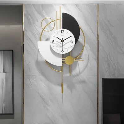 Homary 3d Mute Metal Wall Clock With Gold Pendulum Modern Silent Round Design Art Decor Living Room Bedroom In White
