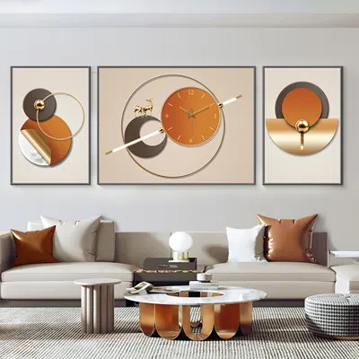 Homary 3pcs Geometric Wall Clock Decor Set Modern Canvas Painting Wall Art With Aluminum Frame In Multi