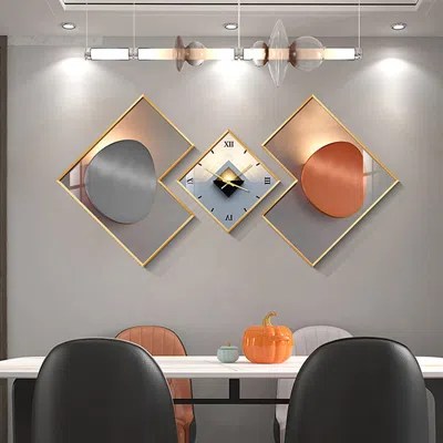 Homary 3pcs Modern Geometric Wall Clock Decor Set Canvas Painting Wall Clocks With Gold Frame In Multi
