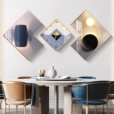 Homary 3pcs Modern Geometric Wall Clock Decor Set Canvas Painting Wall Clocks With Gold Frame In Blue