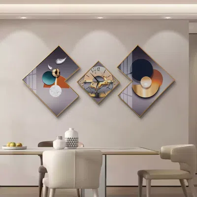 Homary 3pcs Modern Geometric Wall Clock Decor Set Canvas Painting Wall Clocks With Gold Frame In Multi