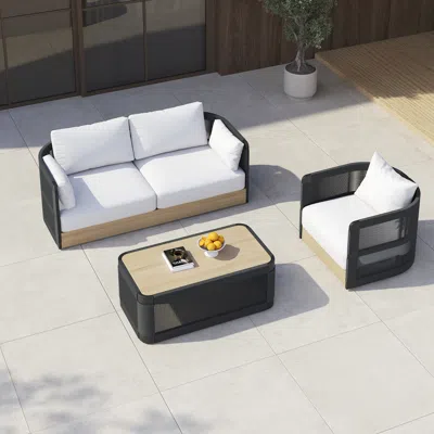 Homary 3-pieces Modern Aluminum & Rope Outdoor Swivel Sofa Set With Coffee Table In Black For 4 In White