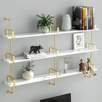 Homary 3-tier Modern Wall Mounted Shelves Long Floating Shelving In White & Gold