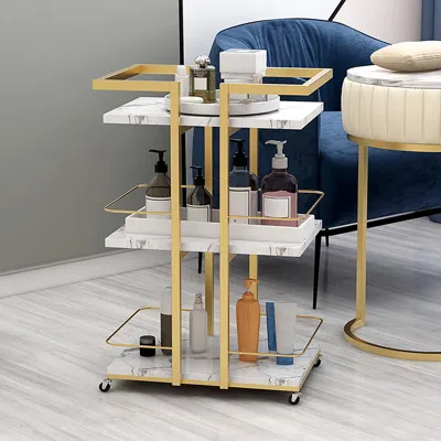 Homary 3-tier Rectangular Rolling Bar Cart With Wheels Gold White Marble Shelves
