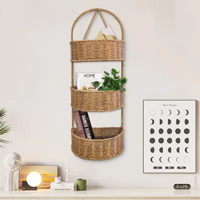 Homary 3-tier Wall Hanging Basket Rattan Planter In Brown