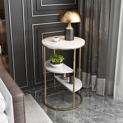 Homary 3-tiered White & Gold End Table With Shelf Sintered Stone Top & Metal Frame Side Table