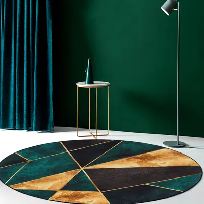 Homary 4' Modern Green Black And Gold Geometirc Round Indoor Area Rug Decorative Carpet