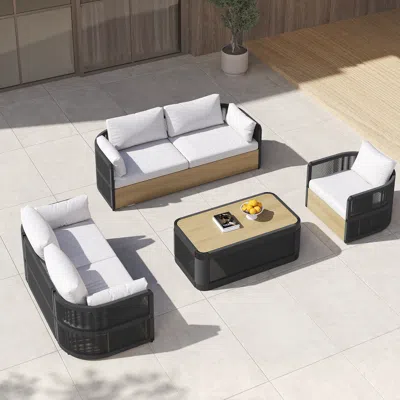 Homary 4 Pcs Modern Aluminum & Rope Outdoor Swivel Sofa Set With Coffee Table In Black For 6 People, Modern