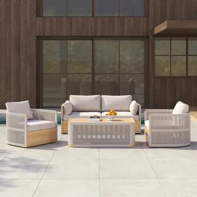 Homary 4 Pcs Modern Aluminum & Rope Outdoor Swivel Sofa Set With Coffee Table In Khaki For 4 People, Modern In Gray