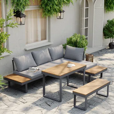 Homary 4 Pcs Modular Outdoor  Acacia Sectional Sofa Set With Cushion And Side Table, 4 Pcs Versatile L-shap In Gray