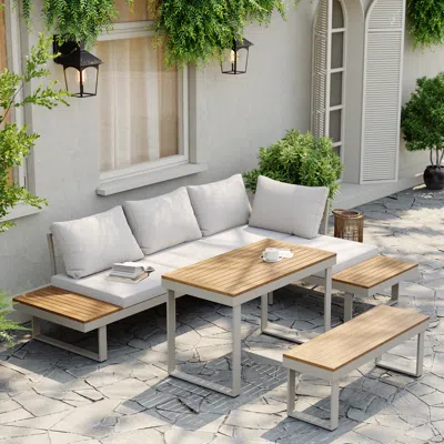Homary 4 Pcs Modular Outdoor  Acacia Sectional Sofa Set With Cushion And Side Table, 4 Pcs Versatile L-shap In Brown