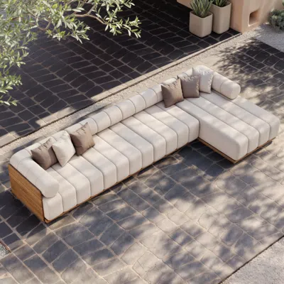 Homary 4 Pcs Modular Teak Patio Outdoor Sectional Sofa Modern Exterior Furniture In Natural Cushion & Pillo In Neutral