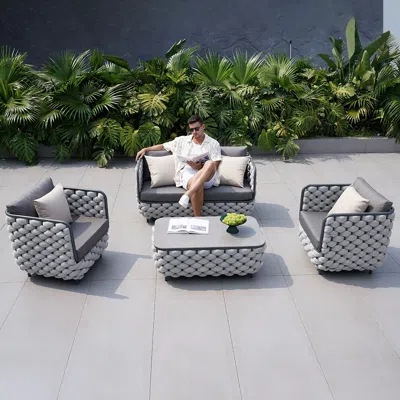 Homary 4 Pcs Rope Outdoor Sofa Set With Marble Coffee Table Modern Yard & Patio Furniture For 4 Person In G In Gray