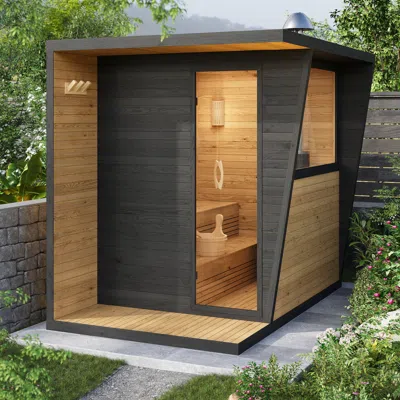 Homary 4 Person Wooden Outdoor Steam Sauna Room Square Sauna Outside Room In Brown