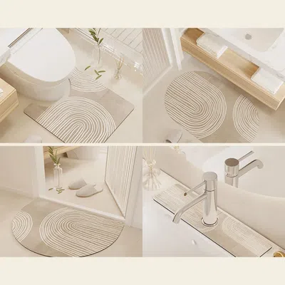 Homary 4 Pieces Japandi Light Khaki Diatom Mud Non-slip Bath Mat Abstract Bath Mat Set In Neutral