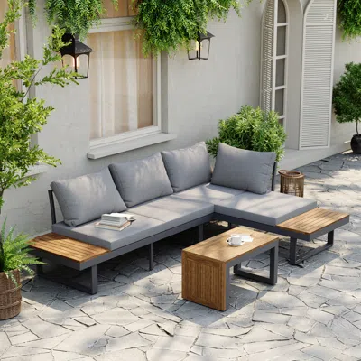 Homary 4 Seater Modular Outdoor Acacia Sectional Sofa Set With Cushion And Table, 3 Pcs Versatile L-shaped  In Multi