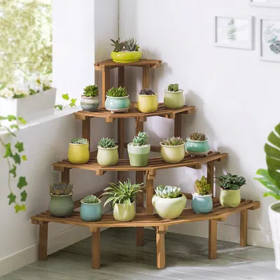 Homary 4 Tier Multifunctional Tall Tiered Wood Outdoor Plant Stand Display Shelf Rack Natural In Brown