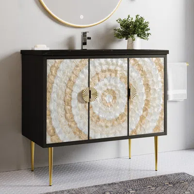 Homary 40" Black Freestanding Bathroom Vanity Set White & Brown Mother Of Pearl With 3 Doors
