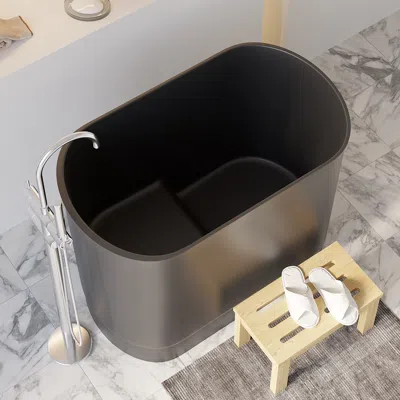 Homary 40" Modern Deep Oval Freestanding Matte Black Stone Resin Japanese Soaking Bathtub