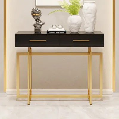 Homary 40" Modern Narrow Black Console Table With Storage Drawers And Metal Legs In Gold