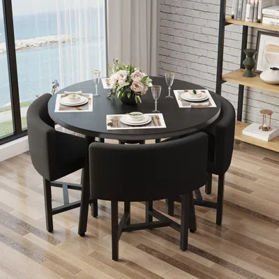 Homary 40" Round Black Small Nesting Dining Table Set For 4 Black Upholstered Chairs