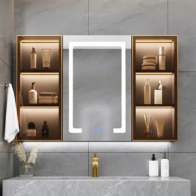 Homary 40" Wooden Framed Medicine Cabinet Led Mirror With Doors Wall-mounted In Brown