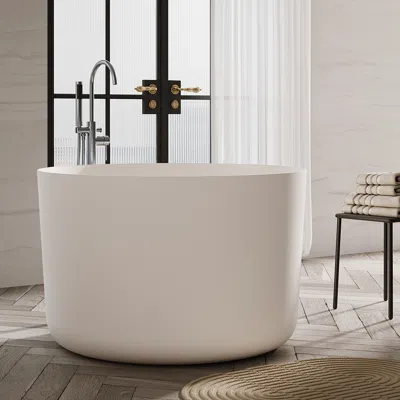 Homary 41" Freestanding Japanese Soaking Bathtub Matte White Round Stone Resin Tub In Neutral