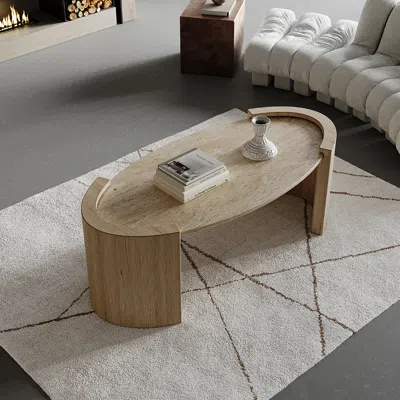 Homary 42" Japandi Travertine Coffee Table With Oval Beige Stone Top In Brown